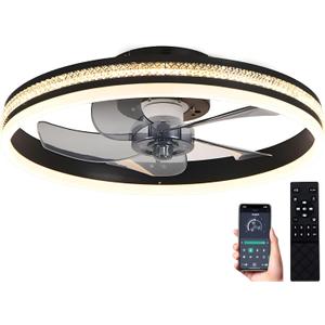 20inch Ceiling Fans Lights,68W Flush Mount Ceiling Fan with Ceiling Lights,Dimmable 3CCT,App Control,Remote Control,Timer,6 Wind Speeds Smart Low Profile Ceiling Fan for Room (B-Black)