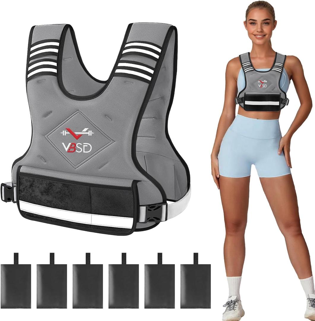 VBSD Adjustable Weighted Vest for Women Men 4-10LB Vest with 6 Ironsand Weights Body Weight Vest with Reflective Strip for Running Walking Strength Training Workouts Grey