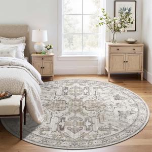 jinchan Round Rug 6ft Area Rug Vintage Floor Mat Kitchen Indoor Ultra-Thin Soft Floral Print Washable Circle 6' Accent for Farmhouse Non Slip Dining Room Living Room Bedroom Office Taupe
