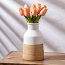 Rustic Farmhouse Flower Ceramic Striped Vase, White and Brown Decorative Ceramic Modern Floral Vase for Bouquet, Cottage Home Core Decor, Tabletop Bedroom Office Bookshelf Living Room Wedding 7.7 Inch