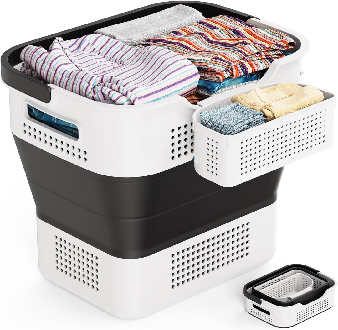 Collapsible Laundry Basket, 10.5 Gallons (40L) Laundry Basket Upgraded With a Storage Box, Laundry Hamper for Laundry Room Organization & Storage Foldable Clothes Hamper Container/Organizer - Black
