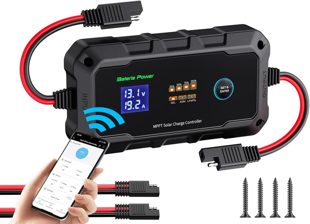 20A 12V/ 24V MPPT Wireless Solar Charge Controller, Bateria Power Intelligent Solar Panel Regulator 20 Amp BT App Function for 12/ 24 Volt LiFePO4, Gel, AGM, FLD, SLD, Li Battery (Sunrock 20Pro)