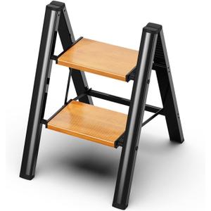 2 Step Ladder, Aluminum Lightweight Folding 2 Step Stool with Anti-Slip Wide Pedal,330lbs Capacity Steel Ladder for Household and Office(Black&Woodgrain)