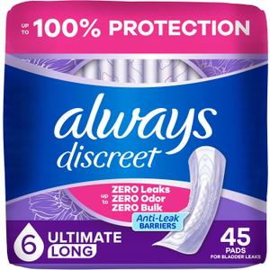 Always Discreet Adult Incontinence Pads for Women, Drier, 6 Drop Long Length, Extra Heavy Absorbency, Pads for Bladder Control Management, Bladder Leaks, & Postpartum Pads, 45ct