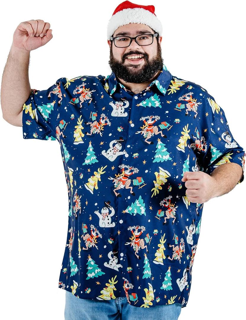 BRISIRA Big and Tall Christmas Shirts for Men Santa Hawaiian Vacation Short Sleeve Button Down Holiday Shirt Lightweight (Blue)