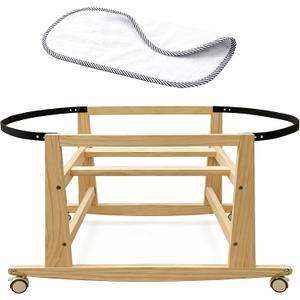Wooden Bassinet Stand with Foldable Wheels and Change Mat, Rocking Moses Basket Stand for Baby Bassinets, Baby Basket Stand with Waterproof Diaper Changing Pad