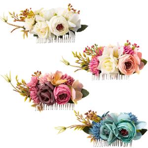 Cinaci 4 Pack Large Artificial Flower Metal Hair Side Combs Floral Slide Hair Clips Wedding Bridal Headpieces Hairpins Barrettes Decorative Hair Comb Bun Accessories for Women Girls Brides Bridesmaids (Ivory, Coral Pink, Purple and Blue)