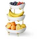 3 Tier Ceramic Fruit Bowl for Kitchen Counter – Fruit Basket with Gold Metal Stand, Fruit Holder for Snacks, Nuts, Cakes, Desserts, Bread, Candy Storage