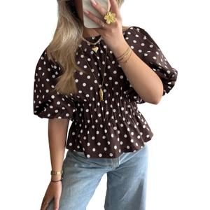 Cicy Bell Womens Polka Dots Peplum Tops Summer Puff Short Sleeve Round Neck Blouses Trendy Casual Shirts (Brown) S