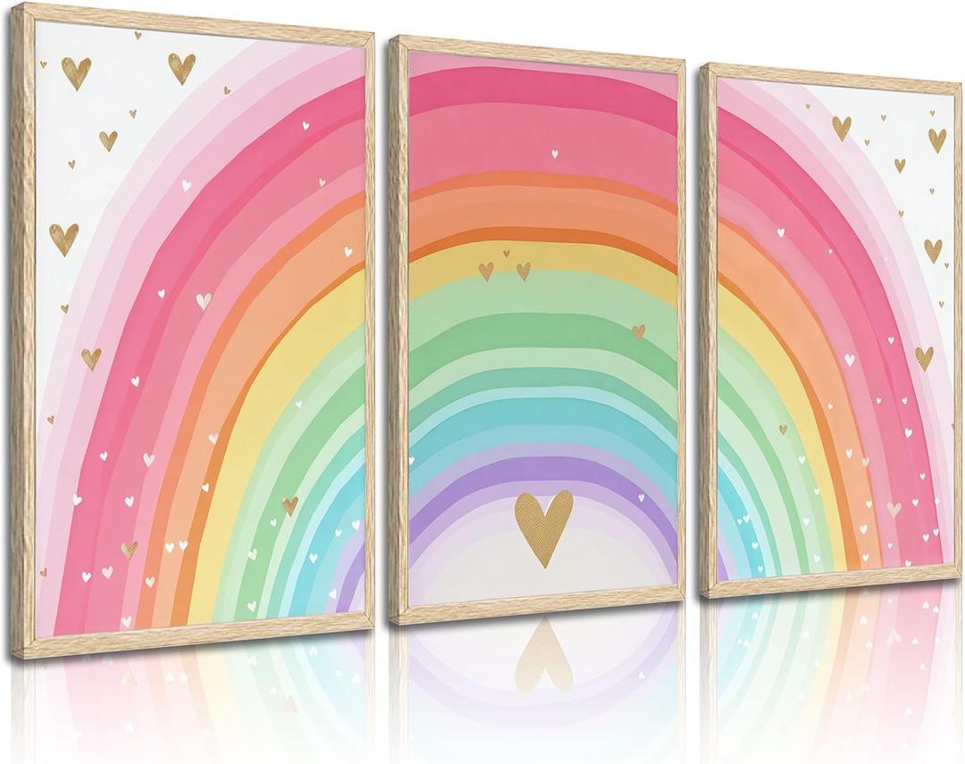 Girls Rainbow Wall Art Set of 3, Colorful Nursery Wall Decor Painting, Kids Heart Picture Poster Prints for Classroom Kids Room Baby Room Bedroom Dorm Home Decoration 12x16in Unframed