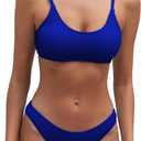 Fanuerg Women's Ribbed Bikini Sets Scoop Neck Cheeky Swimsuit Textured Two Piece Bathing Suit (Blue, L)