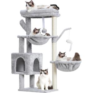 Heybly Cat Tree, 39.4 Inches Tower Condo with Scratching Post, Cat Tower for Indoor Cats, Fully Wrapped Sisal Pole, Soft Platform, 2 Baskets and Dangling Toy, Light Gray HCT006SW