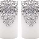 Hollow Silver Flameless Flickering Candles with 5H Timer, Battery Operated LED Pillar Candles Unscented Wax Warm Light Christmas Home Decoration(Set of 2, 3 x 6 Inches)