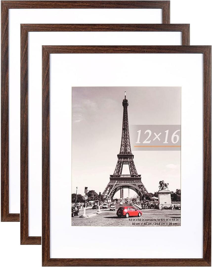 kennethan 12x16 Picture Frame Rustic Brown 3 Pcs in 1 set 12x16 Frame can Display 8.5x11 inch Picture with Mat or 12x16 inch Picture Without Mat on the Wall