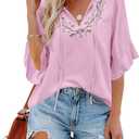 Womens Summer Tops 3 4 Sleeve Women Blouses Casual Boho Top Spring Floral Short Sleeve Shirts Vacation (Pink, S)