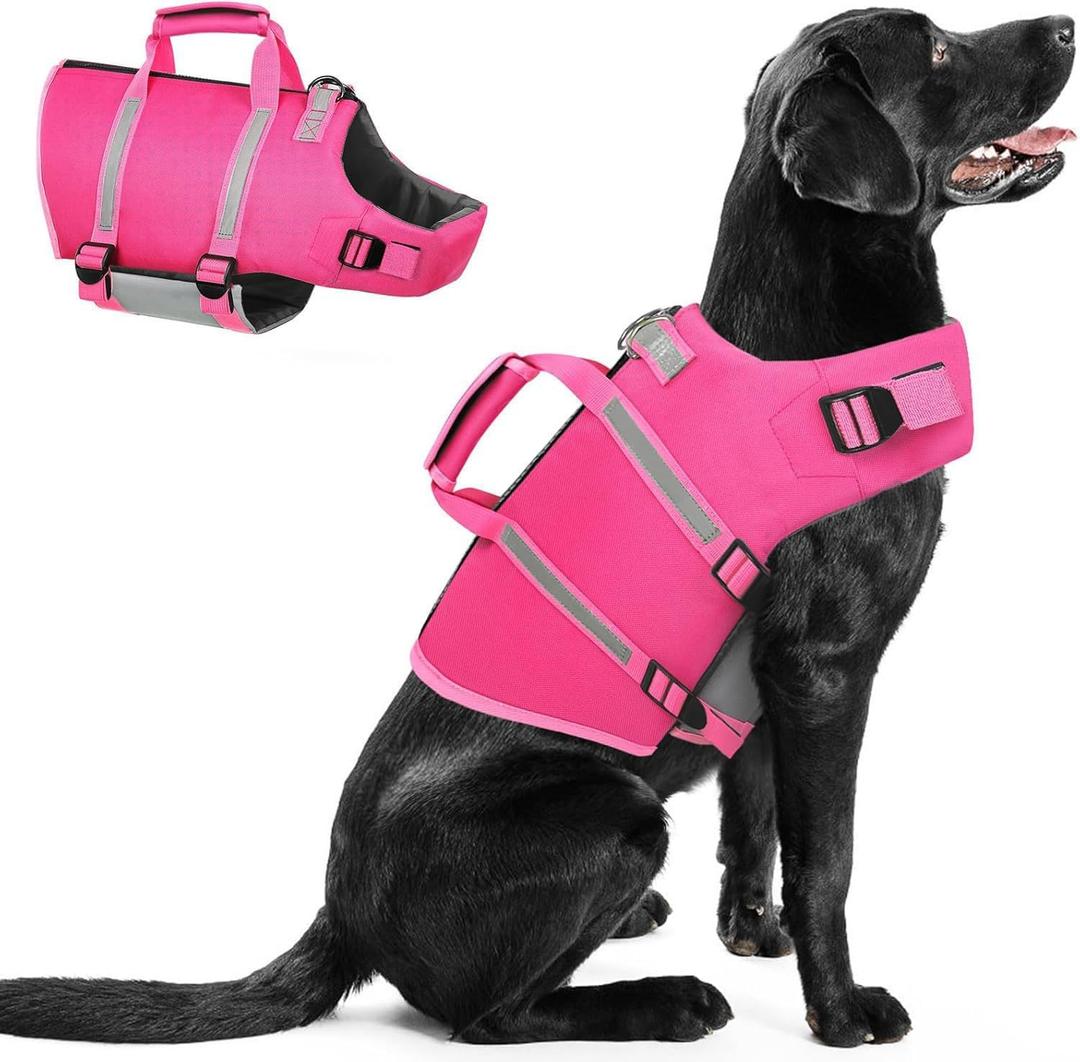 Queenmore XXL Dog Life Jacket, Floating Vest for Boating, Lightweight Adjustable Reflective Lifesaver with Back Zip, Rescue Handle, Leash Hook (Fuchsia XXL)