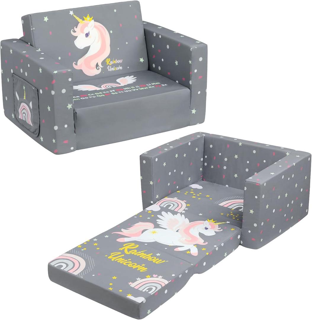 ALIMORDEN 2-in-1 Flip Out Comfy Toddler Couch, Lovely Kids Chair Convertible Sofa to Lounger for Story/Nap Time, Grey Unicorn