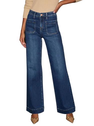 KUNMI Women's Wide Leg Jeans High Waisted Straight Leg Stretchy Denim Pants with Pockets Size 8