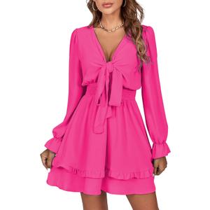 LYANER Women's Tie Front Plunge V Neck Ruffle Layer Long Sleeve Sexy Mini Dress (Medium)