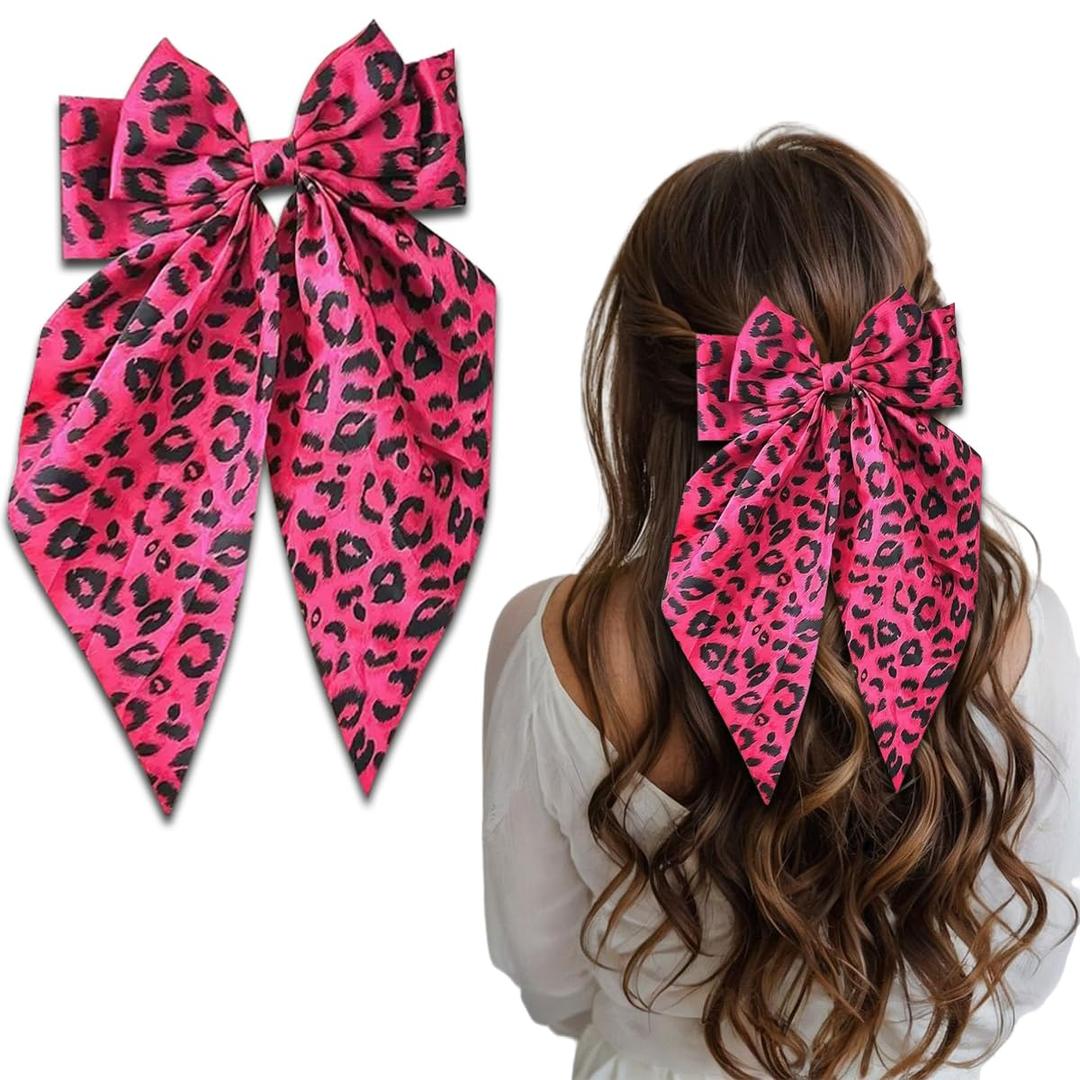 3 x Leopard Hair Clips for Women YEFIUO Bow Hair Ties No Damage Flat Spring Claw Clips Fall Winter Fashion Streamer Barrettes Hair Accessories Decoration Gifts for Ma'am Girls (Red)