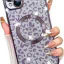 Fiyart Designed for iPhone 14 Case,Compatible with MagSafe Cheetah Print Plating Camera Protection Magnetic Clear Glitter Leopard Print Shockproof Phone Bumper for Women Girls 6.1"-Purple