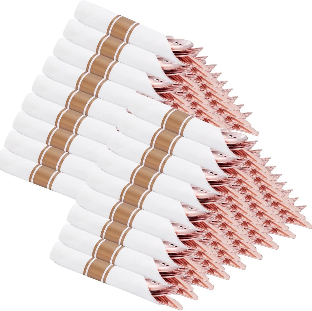 Supernal 100 Pack Rose Gold Plastic Silverware, Wrapped Silverware Set Disposable, Wrapped Plastic Cutlery Set with Napkin, Rose Gold Disposable Cutlery Set for Wedding, Party, Birthday