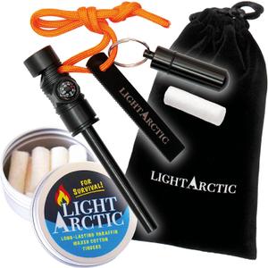 Ferro Rod Fire Starter Kit Survival Gear by LightArctic: 7-in-1 Flint and Steel Includes Compass, Whistle, 11 pcs Waxed Tinders with Waterproof Capsule - Tested in The Most Extreme Weather Conditions