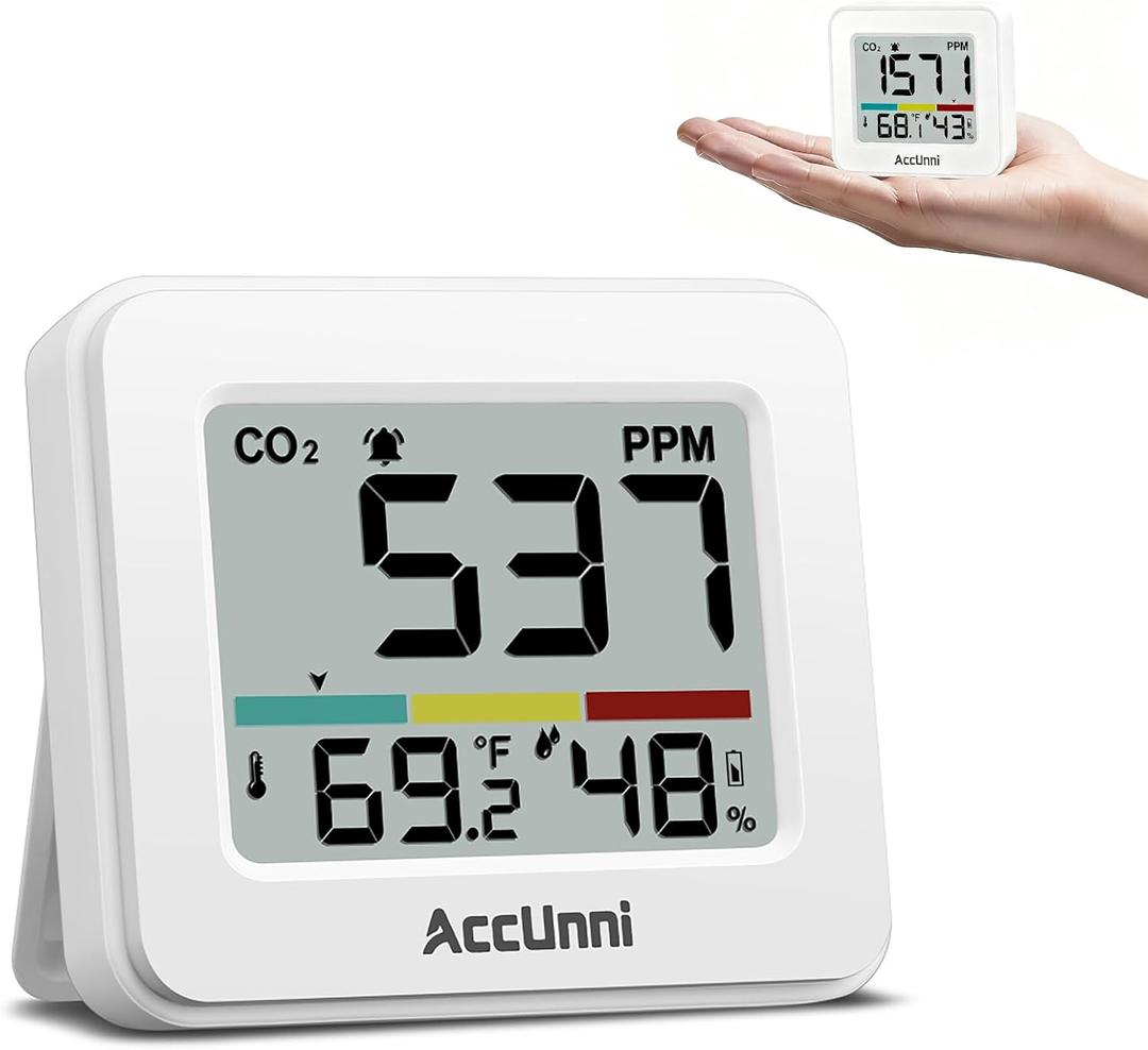 CO2 Monitor Air Quality Monitor Indoor Battery Powered, Carbon Dioxide Detector, Portable Temperature Humidity Meter, CO2 Alarm for Home, Hotel, Cars, Office or School (White)