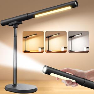 Cordless Desk Lamp, Magnetic LED Work Light, Rechargeable Battery Powered Lamp, Dimmable Brightness & 3 Color Modes, Wireless Table Lighting for Reading, Bed, Flashlight with Signal Light for Camping (Black)