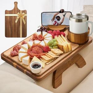 ZenStorage Acacia Wood Couch Arm Table Tray with Charcuterie Board with Phone Holder, Cup Slot & Folding for Wide/Narrow Recliners, Snack Table for Small Spaces TV Entertaining (Natural Wood)