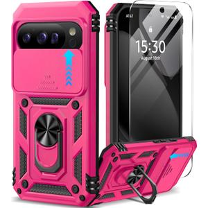 Taisairu for Google Pixel 10 Case/Pixel 10 Pro Case with Screen Protector & Slide Camera Lens Cover,Built-in Ring Stand Protective Phone Case for Pixel 10 Case/Google Pixel 10 Pro Case (Hot Pink)