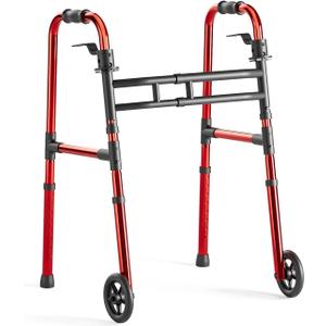 Loyoda Walkers for Seniors Foldable, Aluminum Lightweight Walker with Wheels, Adjustable Height & Width Standard Walkers for Elderly & Disabled, 350 lbs Capacity, Red