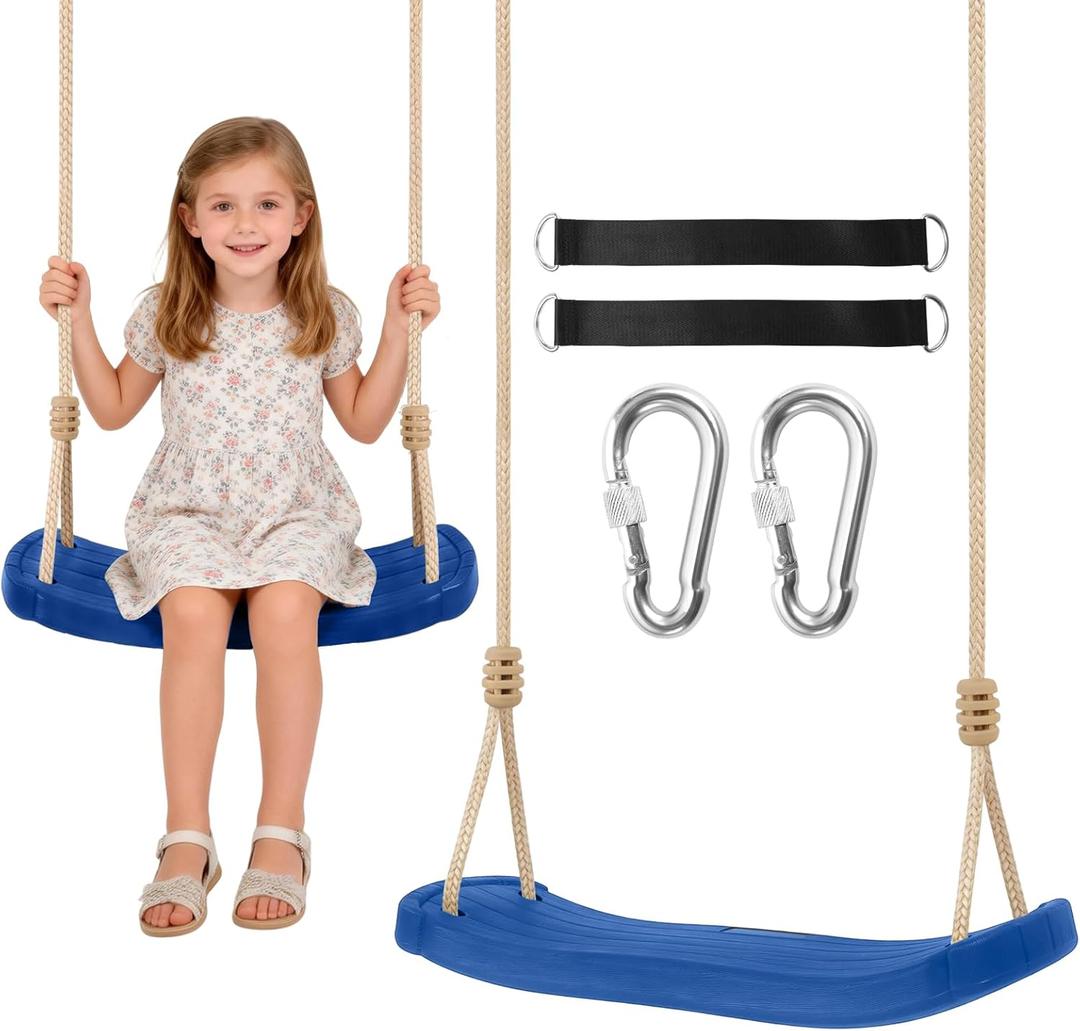 Kids Tree Swing Seat with Tree Straps and Carabiners, Heavy Duty Ergonomic Straight Swing Set for Backyard, Indoor & Outdoor Rope Swing, 264 lbsBlue