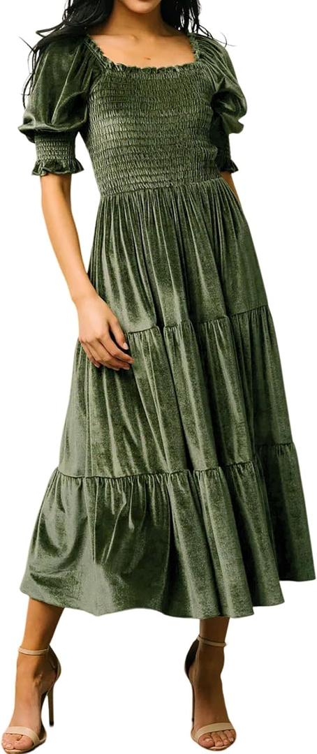 R.Vivimos Womens Fall Winter Velvet Dress Puff Sleeve Square Neck Smocked Tiered Ruffle A-Line Flowy Midi Dress, Small