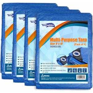 Blue Tarp Pack of 4 Tarps Heavy Duty waterproof 8x10 Large Multipurpose Poly Outdoor Tarps Cover 5 Mil Thickness Blue Tarpaulin Reinforced Rip Resistant Rubber Edges With Aluminum Grommets