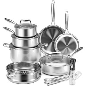 Stainless Steel Cookware Set - VONIKI Tri-ply Stainless Pots And Pans Set with Steamer Basket, Non Toxic Induction Cookware, Kitchen Cookware Sets PFOA & PTFE Free, Dishwasher and Oven Safe