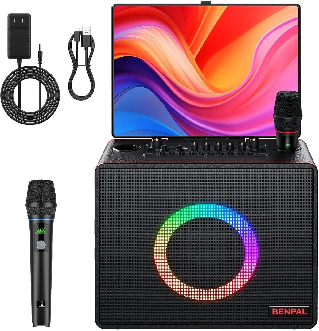 Smart Karaoke Machine with Lyrics Display, Built-in 14.0" Touch Screen, with Bluetooth Party Speaker and Two Wireless Mics, Portable PA System for Home Outdoor Party