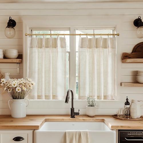 jinchan Linen Pinch Pleated Kitchen Curtains 24 Inch 2 Panels Natural Linen Tier Curtains Back Tab Beige Farmhouse Cafe Light Filtering Small Window Drapes for Bathroom Laundry Room Beige