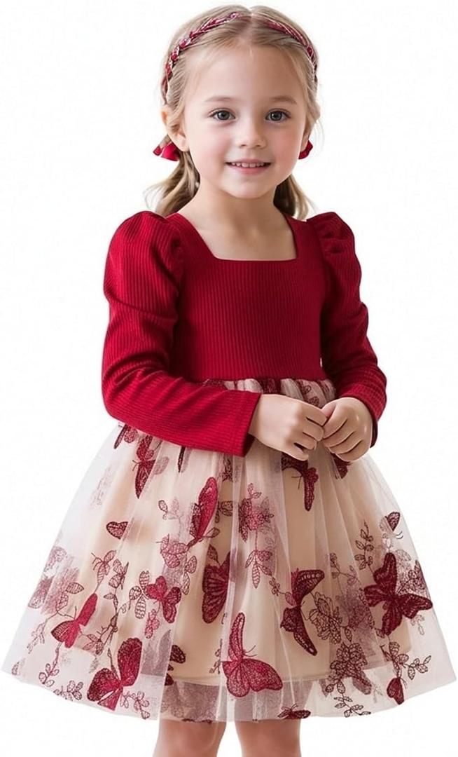 NNJXD Flower Girl Tulle Dress Elegant Princess Long Sleeves Party Winter Autumn Clothes 5Y