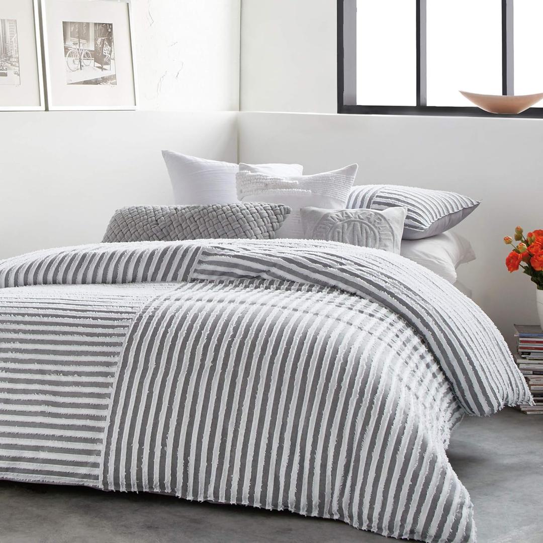 DKNY Clipped Squared 3-Piece Duvet Cover & Sham Set, Full/Queen, Grey