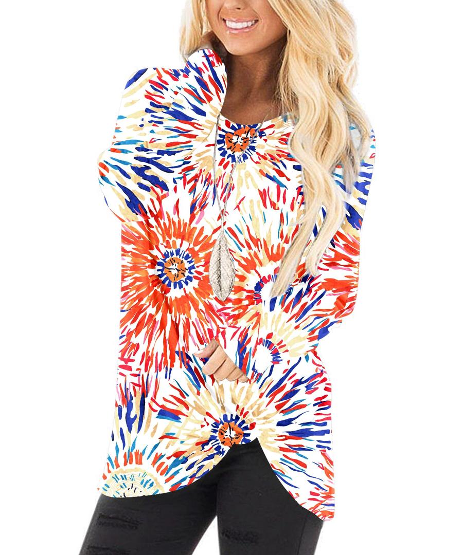 NILOUFO Womens Long Sleeve Shirts Casual Blouses Trendy Twist Knot Tunics Tops for Leggings(Fireworks, X-Large) (XL)