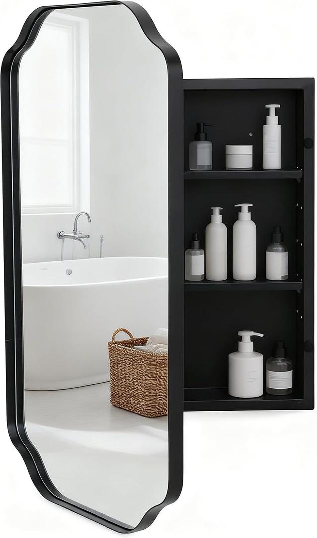 Black Metal Medicine Cabinet French Design,Bathroom Mirror with Storage, Recessed or Surface Mounted, 2 Adjustable Metal Shelves (Brushed Black, 24x32)