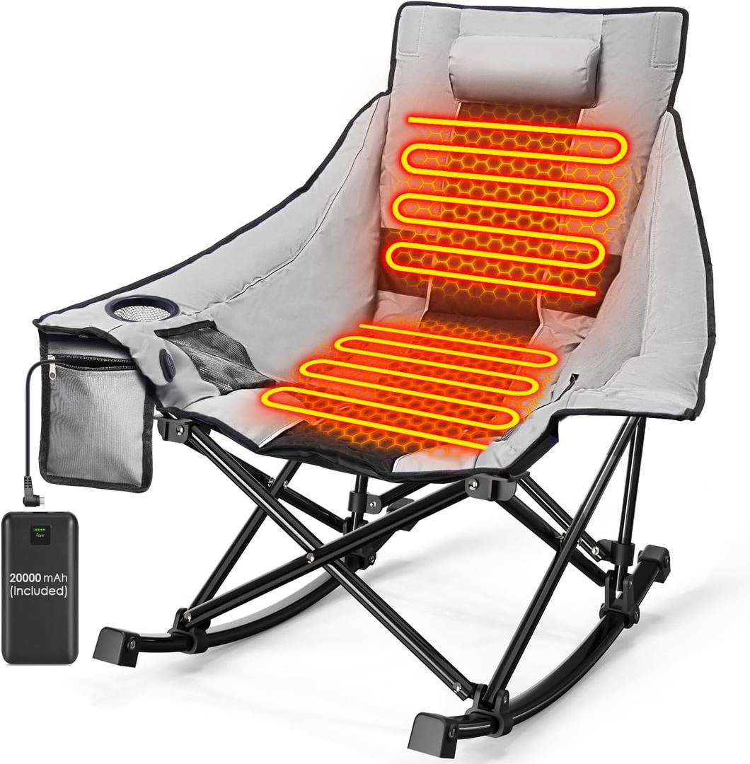 Slendor Oversized Heated Camping Chair with 2000mAh Battery, Padded & Pillow Heated Rocking Chair, 3 Adjustable Heat Settings Camping Rocker Chair for Easy Setup and Foldable Storage (Grey)