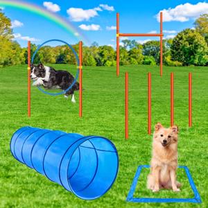 XiaZ Dog Agility Course Backyard Set, Dog Obstacle Course Training Starter Kit Pet Outdoor Game with Tunnel, Agility Hurdle, Weave Poles, Jump Ring, Pause Box, Collapsible Dog Bowls and Storage Bag (90CM 5 PCS SET)