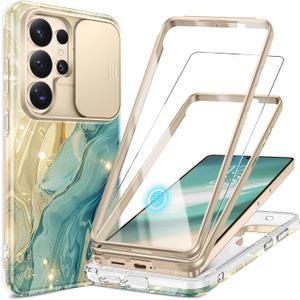 GVIEWIN for Samsung Galaxy S26 Ultra Case, [Slide Camera Cover & Built-in HD Screen Protector] [2 Front Frames] Shockproof Military Grade Protective Marble Phone Case S26 Ultra 6.9" (Glaze/Green)