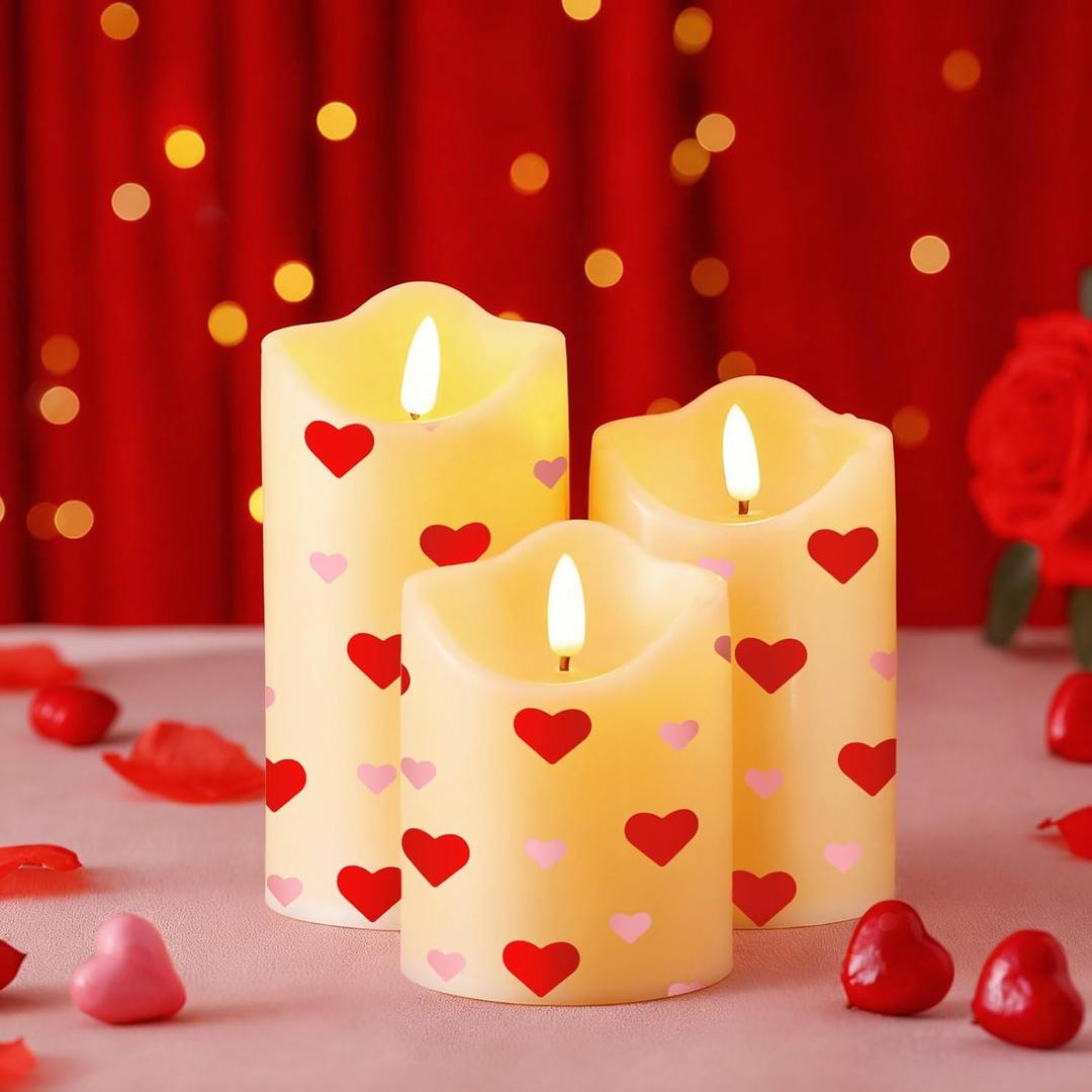 3 Pcs Valentine's Day Flameless LED Candles Romantic Heart Battery Operated LED Pillar Candles for Valentine's Day Proposal Anniversary Decor Wedding Party (Red Heart)