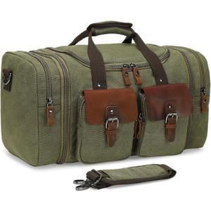 Canvas Duffle Bag with Genuine Leather Accents, Expandable 20-23 Inch Travel Weekender, Multiple Pockets, Green