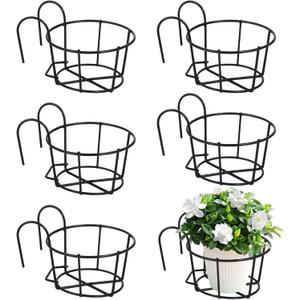 6 PCS Round Hanging Railing Planters, Hanging Flower Stand Iron Baskets, Hanging Planters for Outdoor Plants, Metal Rack Fence Shelf Plant Holder with Hooks for Balconies, Gardens, Indoor Spaces