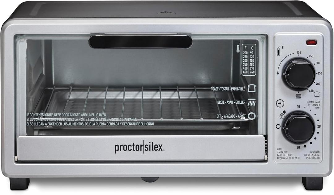 Proctor Silex 4 Slice Countertop Toaster Oven, Multi-Function with Bake, Toast and Broiler, 1100 Watts, 30 min timer and auto-shutoff, Includes Backing Pan and Rack, Black and Silver (31260)