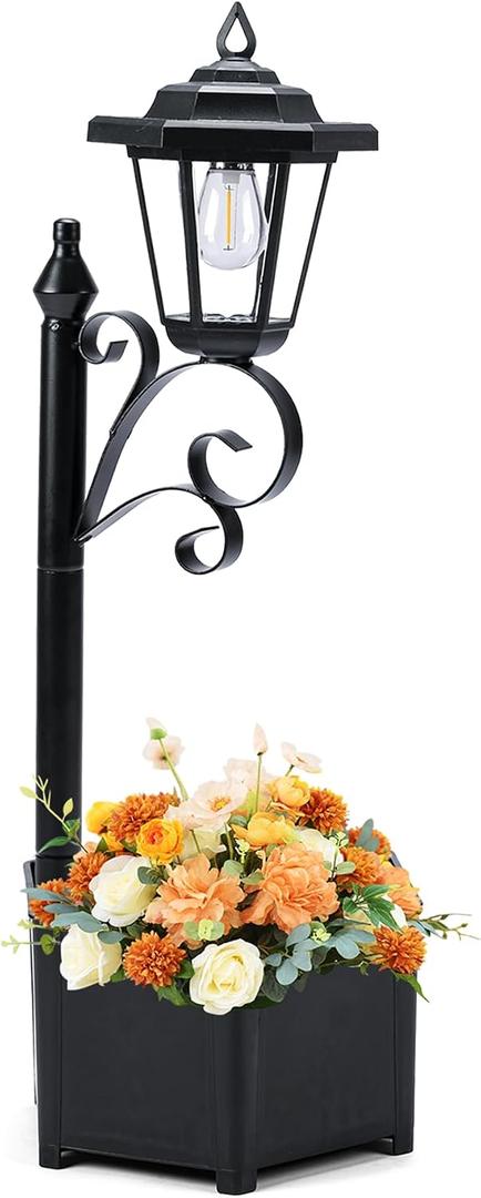 2 Pack Solar Floor Lamps with Planter (2-in-1 Design), 29.5" Outdoor LED Garden Lights - IP44 Waterproof, Warm White Auto-On at Dusk, Easy Install for Lawn, Patio, Porch, Yard & Pathway Decor